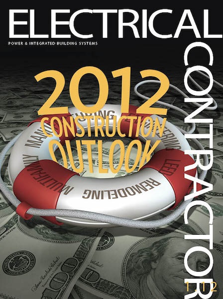 Electrical Contractor cover reading 2012 Construction Outlook with an image of a life raft reading Remodeling and so on over dozens of hundred dollar bills.