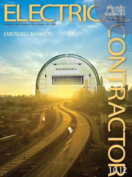 Electrical Contractor cover reading Emerging Markets with an image of a meter over a freeway going into a city.