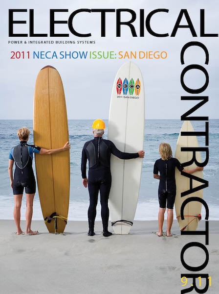 Electrical Contractor cover reading 2011 NECA Show Issue: San Diego and an image of three surfers by the ocean and one wearing a hard hat.
