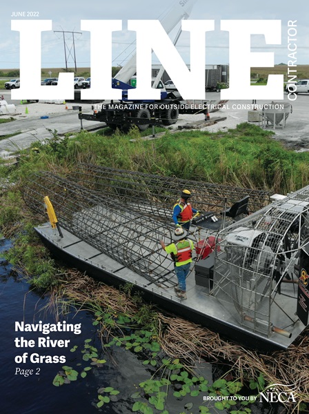 Cover of the June 2022 issue of Line Contractor magazine, showing 2 workers on a hoverboat in the Everglades