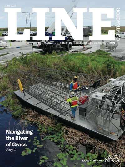 Cover of the June 2022 issue of Line Contractor magazine, showing 2 workers on a hoverboat in the Everglades