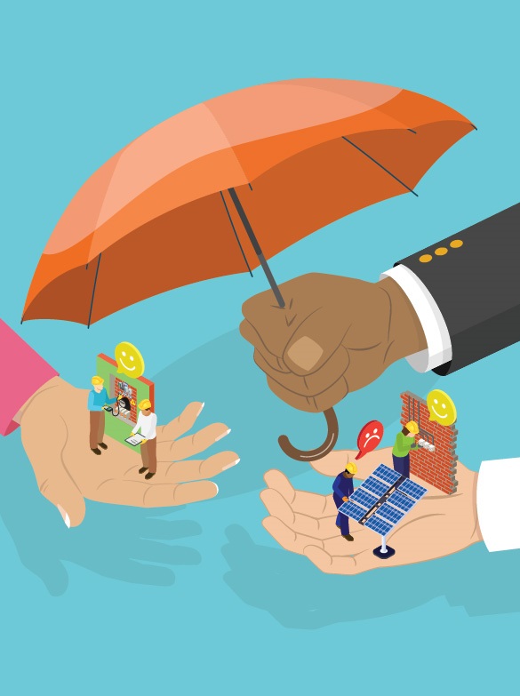 Illustration of a hand holding an umbrella over two hands holding tiny workers with smiley or frowny faces above them. Image by iStock.