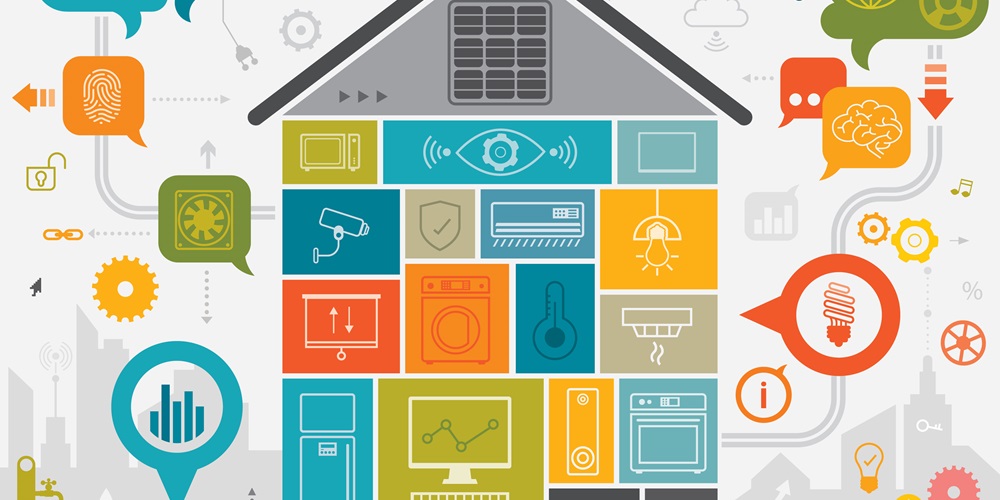 Illustration of a house filled with temperature, camera, computer and graph icons. Image by Getty Images.