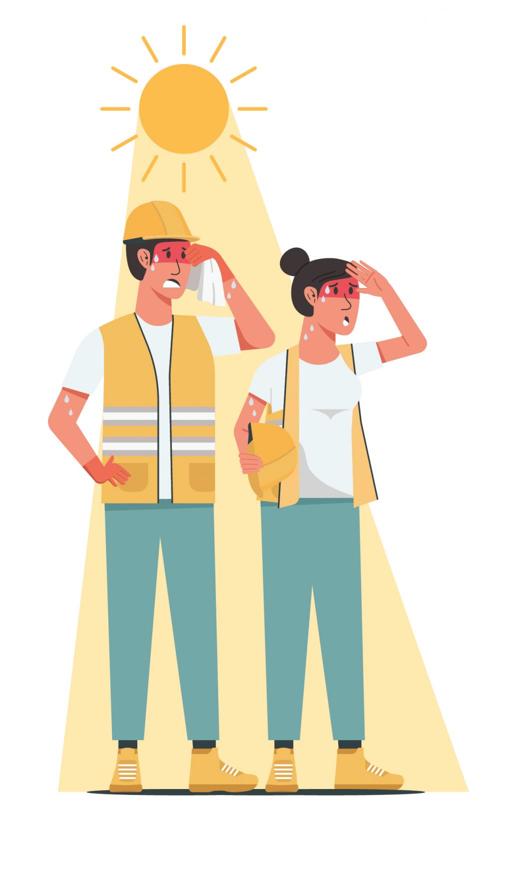 008_SL0522_BestPractices Illustration of two workers sweating and burnt under a yellow sun. Image by Getty Images / ST.art.