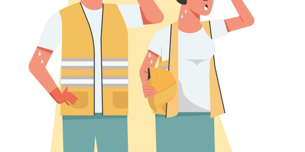 Illustration of two workers sweating and burnt under a yellow sun. Image by Getty Images / ST.art.