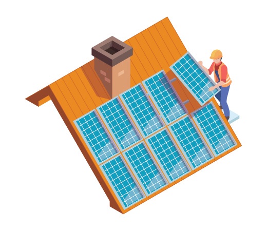 Illustration of a worker installing solar panels on a roof. Image by iStock.