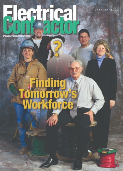 Electrical Contractor cover reading Finding Tomorrow's Workforce with a photo of several people and a question mark over one person's face.