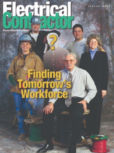 Electrical Contractor cover reading Finding Tomorrow's Workforce with a photo of several people and a question mark over one person's face.