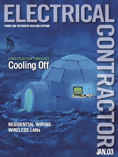 Electrical Contractor cover reading Construction Forecast Cooling Off with a photo of a wolf and an igloo in the snow, and a computer in the igloo.