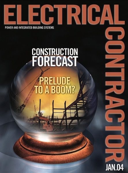 Electrical Contractor cover reading Construction Forecast Prelude to a Boom? Featuring an illustration of construction in a crystal ball.