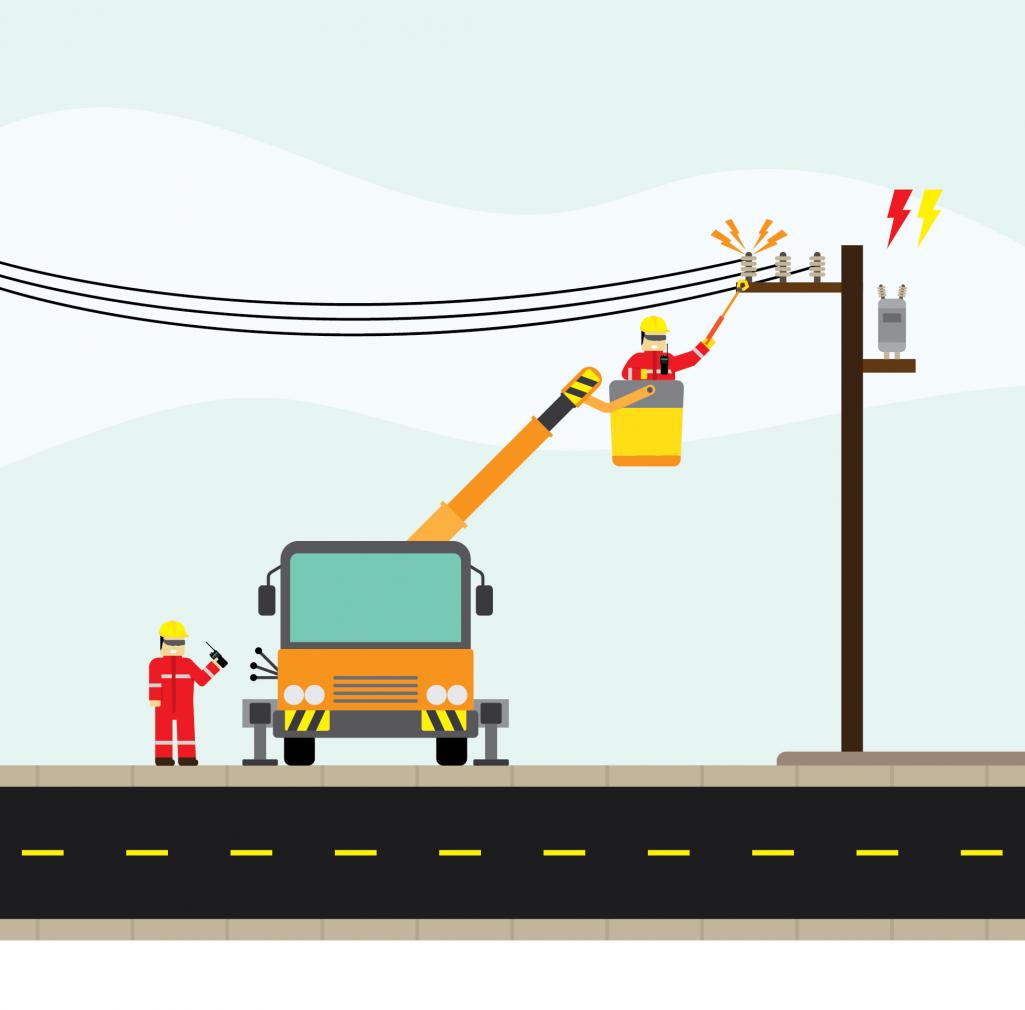Illustration of two workers with a truck working on a power pole. Image by Getty Images / armckw.