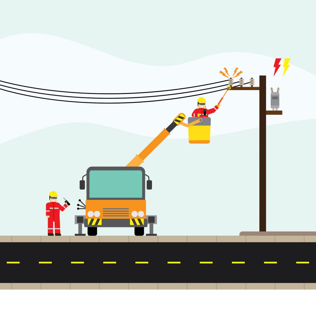 010_SL0522_Injury Illustration of two workers with a truck working on a power pole. Image by Getty Images / armckw.