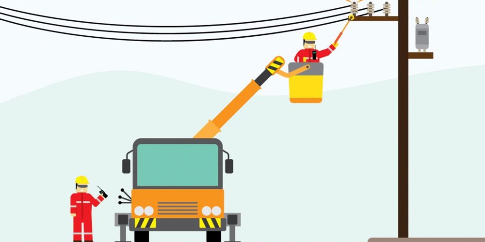 Illustration of two workers with a truck working on a power pole. Image by Getty Images / armckw.