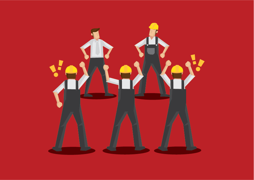 016_SL0522_Management Illustration of three workers yelling at two other workers against a red background. Image by Getty Images / hofred.