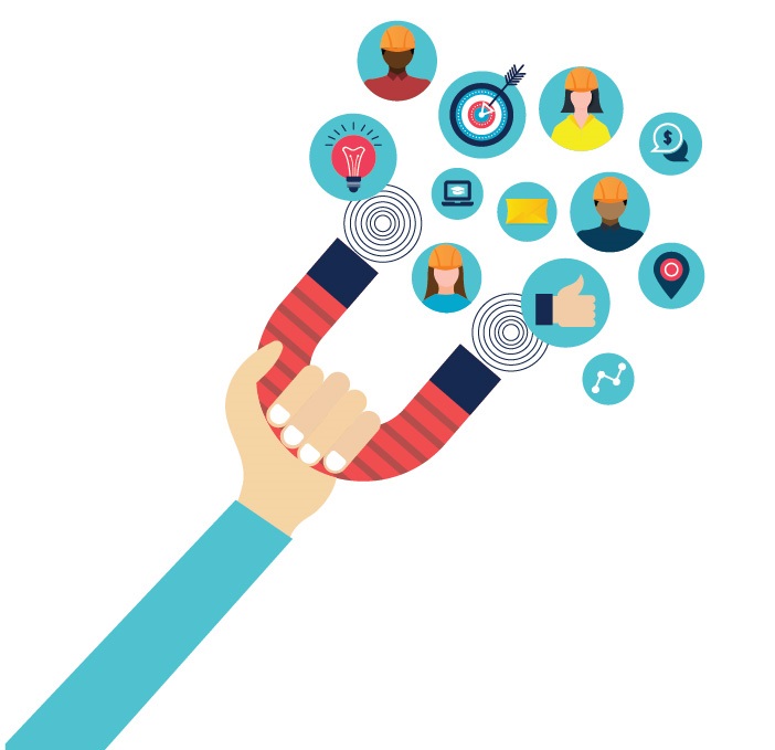 Illustration of a hand holding a magnet surrounded by faces and icons. Image by Getty Images / jadamprostore.