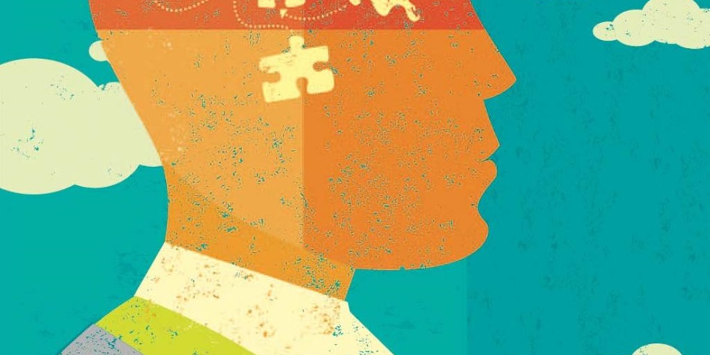 Illustration of a worker with puzzle pieces in his head, in front of a background of a cloudy sky. Image by Getty Images / Retrorocket.