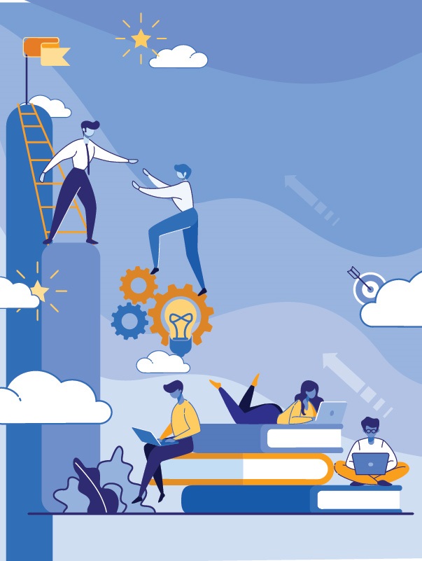 Blue and yellow illustration of people studying and others reaching up towards a ladder and a person with a tie. Image by Getty Images / UnitoneVector.
