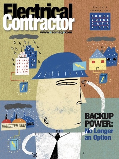 Electrical Contractor cover reading Backup Power: No Longer an Option with an illustration of a man in a hard hat in bad weather.
