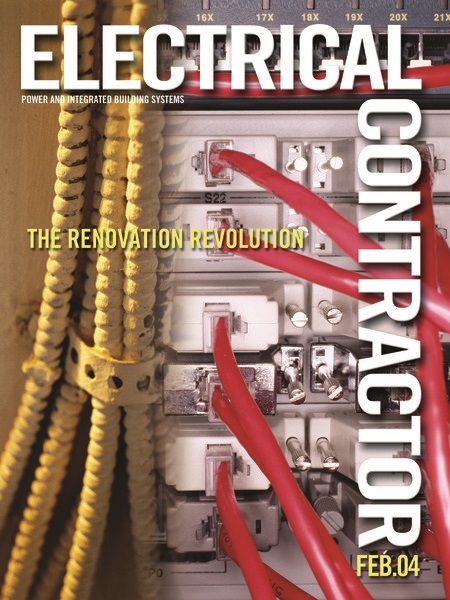 Electrical Contractor cover reading the Renovation Revolution with a photo of cables and cords plugged into a metal box.