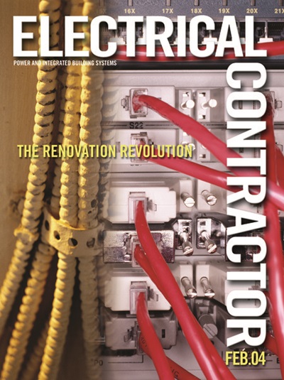 Electrical Contractor cover reading the Renovation Revolution with a photo of cables and cords plugged into a metal box.