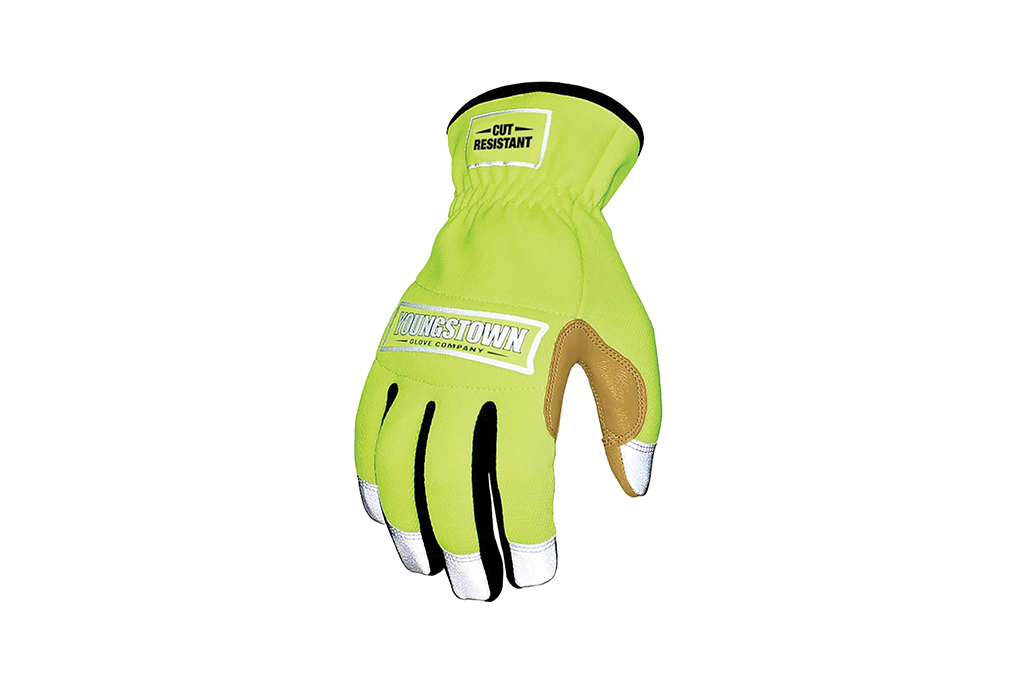 Yellow, black and brown glove with "Youngstown" label. Image by Youngstown Glove Company.