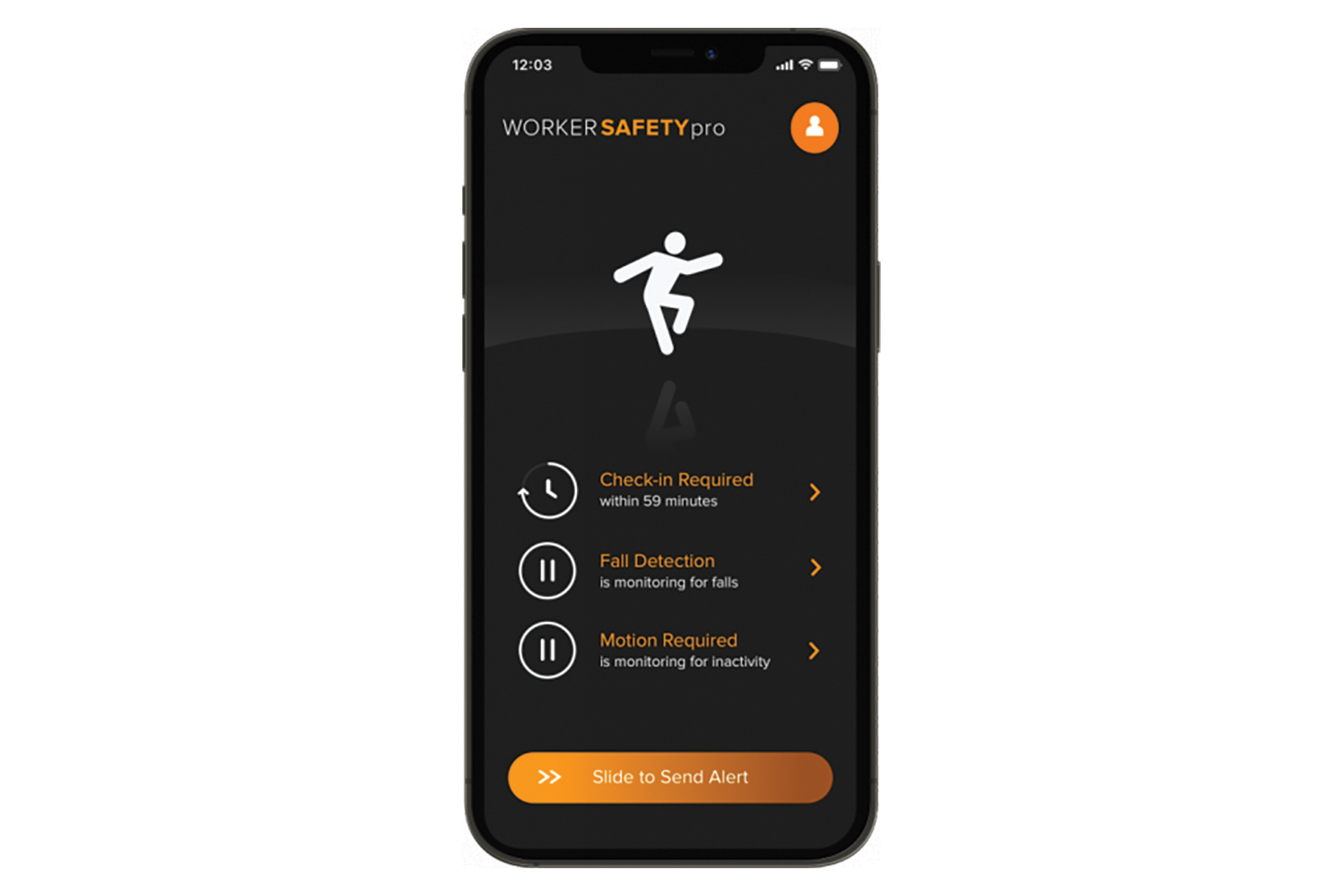 021_SL0822_fall safety Black smartphone with black background, a white person icon, and orange tabs like Slide to Send Alert. Image by Fall Safety App.