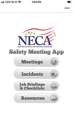 021_SL0822_NECA meeting homepage reading Meetings, Incidents, Job Briefings & Checklists and Resources. Image by NECA. NECA Safety Meeting App