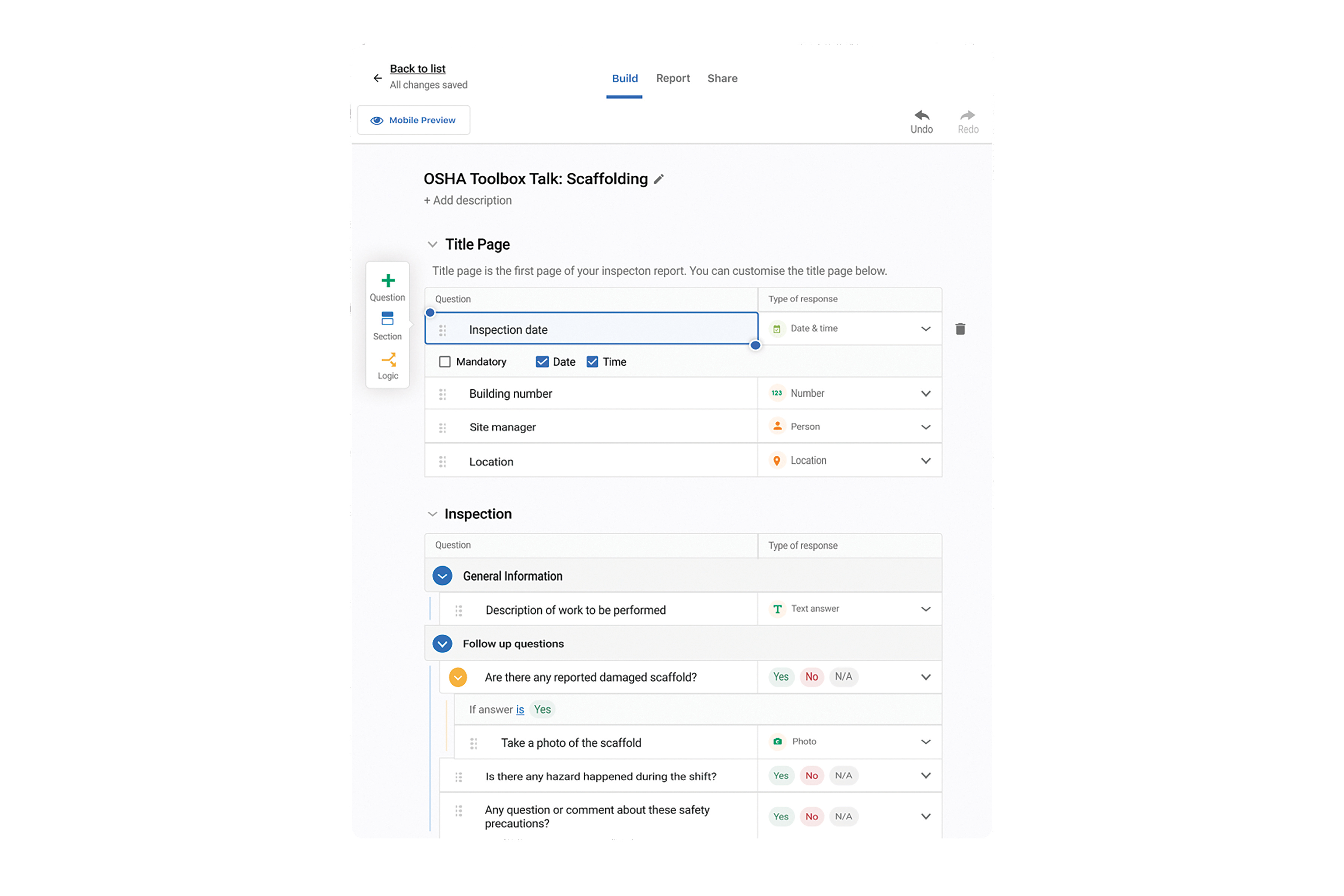 Homepage with Build, Report and Share options. Image by Safety Culture.