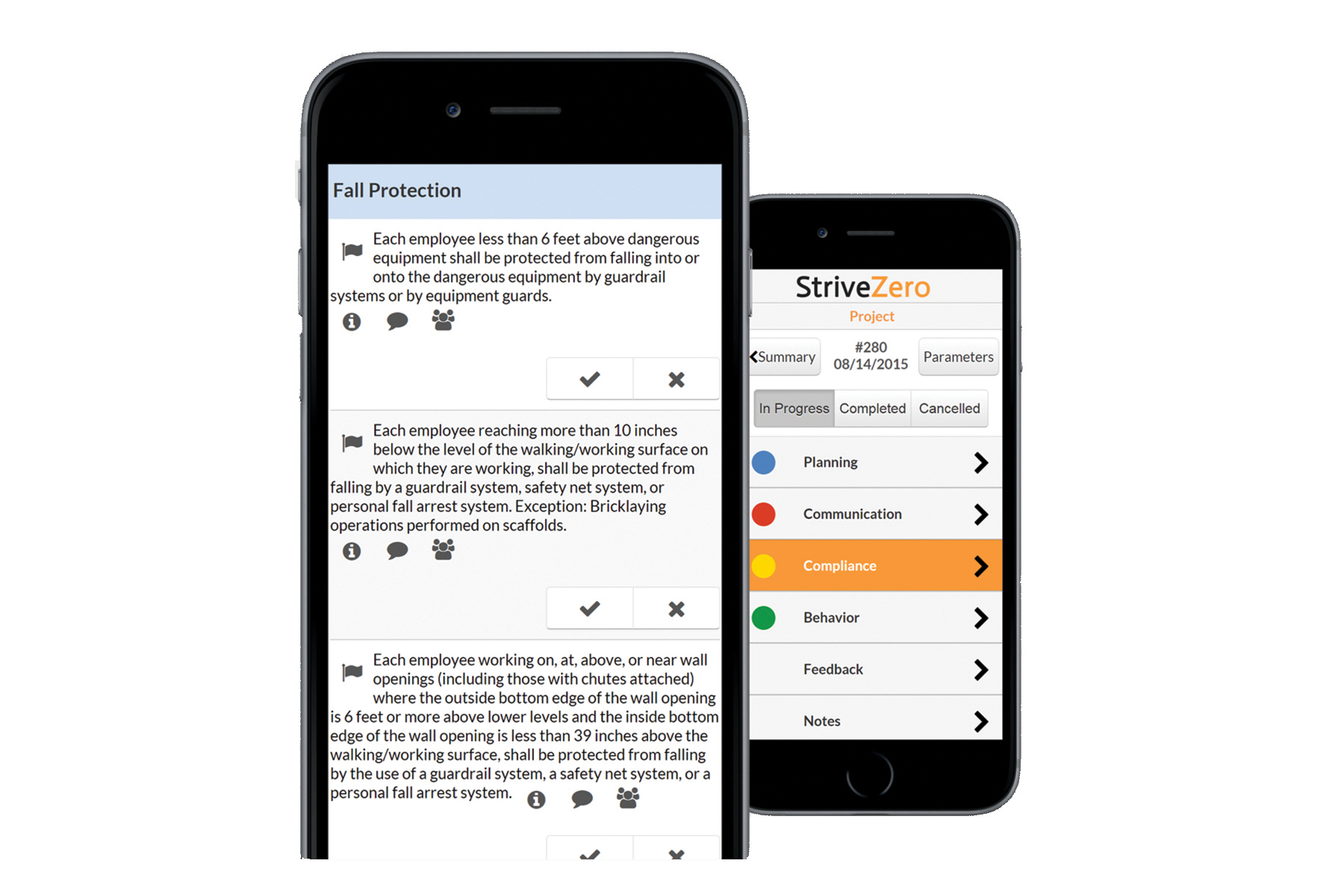 Two smartphones, one showing rules about Fall Protection and the other reading StriveZero Project, with tabs like Compliance and Communication. Image by StriveZero.