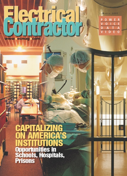 Electrical Contractor cover reading Capitalizing on America's Institutions with photos of a library, an operating room and a prison.