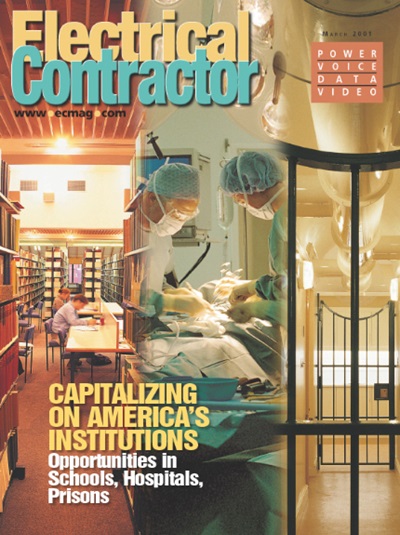 Electrical Contractor cover reading Capitalizing on America's Institutions with photos of a library, an operating room and a prison.