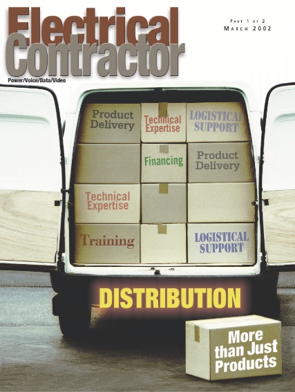 Electrical Contractor cover reading Distribution, More than Just Products with a photo of a van loaded with boxes labeled Training, Financing and so on.