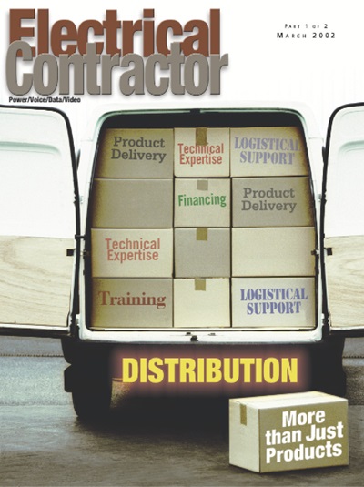 Electrical Contractor cover reading Distribution, More than Just Products with a photo of a van loaded with boxes labeled Training, Financing and so on.