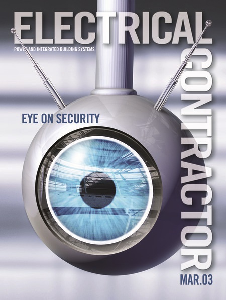 Electrical Contractor cover reading Eye on Security with an illustration of a spherical camera with an eyeball in it.