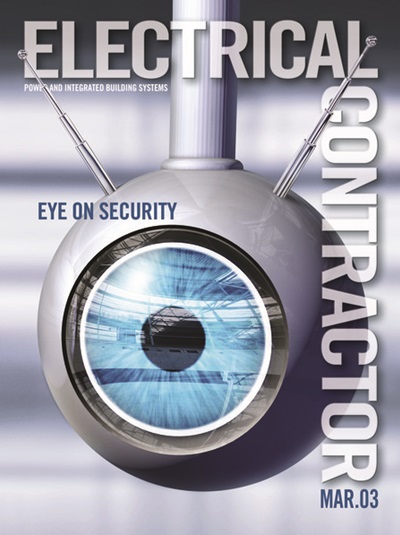 Electrical Contractor cover reading Eye on Security with an illustration of a spherical camera with an eyeball in it.