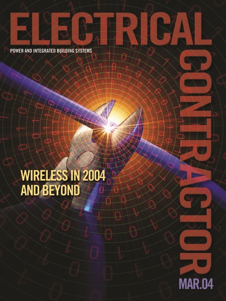 Electrical Contractor cover reading Wireless in 2004 and Beyond with an illustration of pliers cutting a wire and binary code surrounding it.