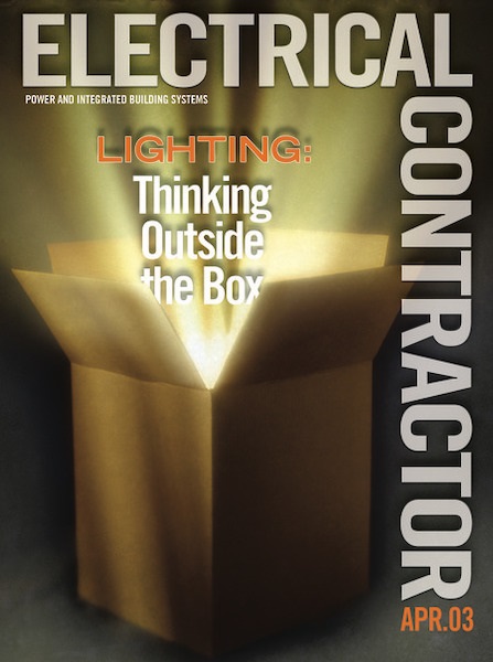 Electrical Contractor cover reading Lighting: Thinking Outside the Box with a photo of a light inside a box.