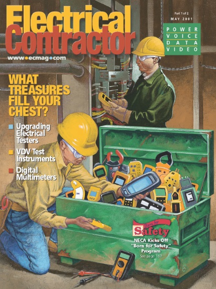 Electrical Contractor cover reading What Treasures Fill Your Chest? with an illustration of two workers with a toolbox full of multimeters.
