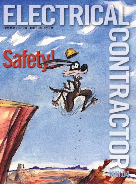 Electrical Contractor cover reading Safety! with an illustration of a coyote with a hard hat falling off a cliff.