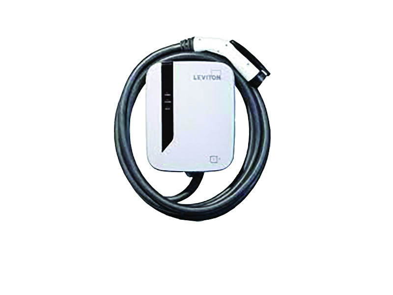 Black, gray, and white EV charger. Image by Leviton.