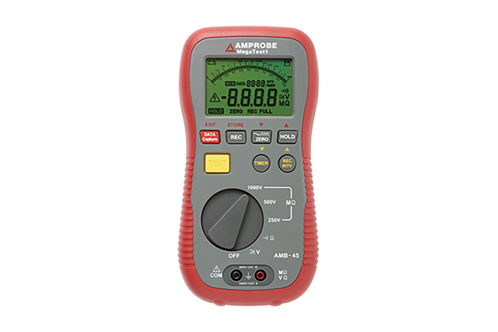 Red and gray insulation resistance tester. Image by Amprobe.