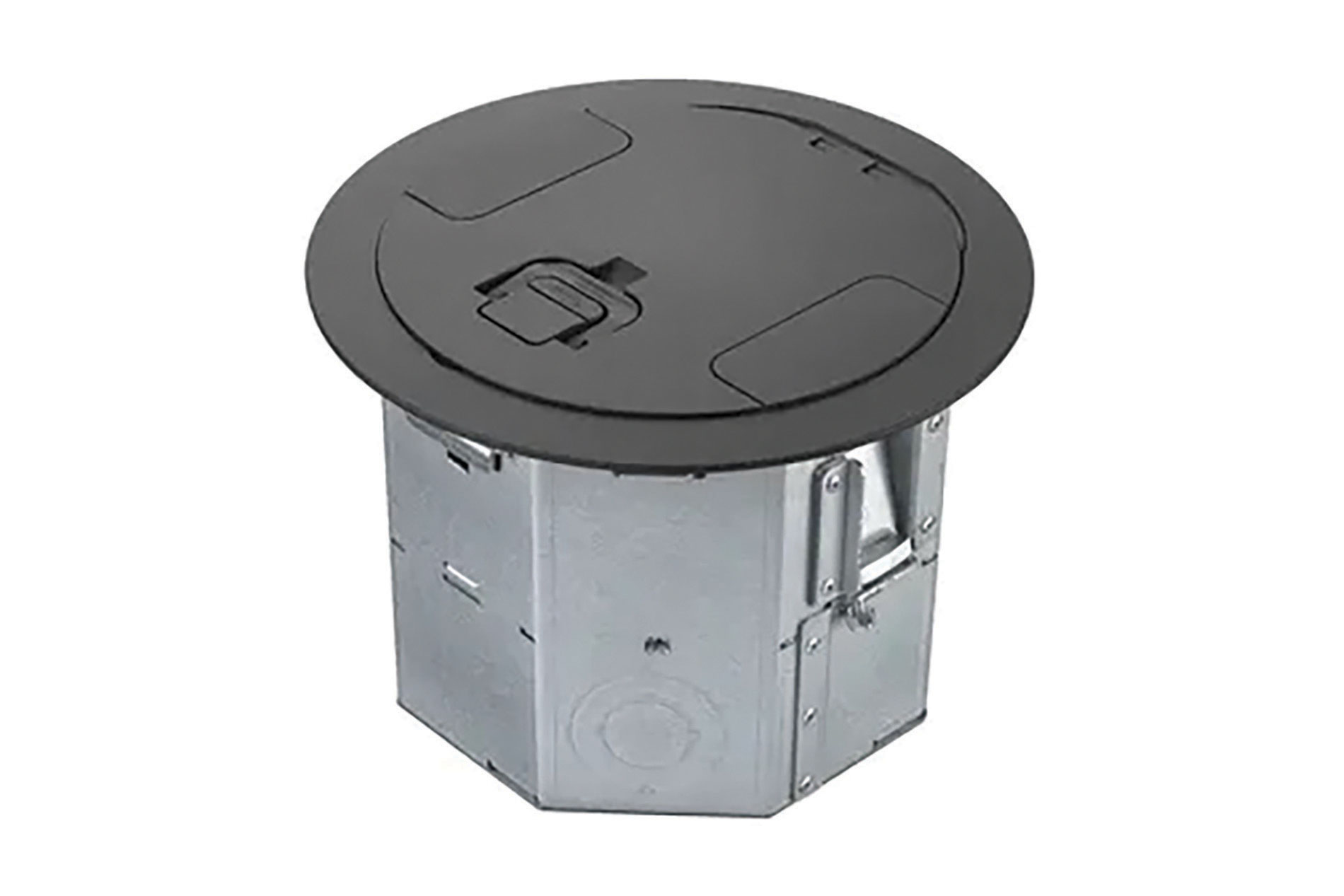 Black and silver floorbox. Image by Hubbell.