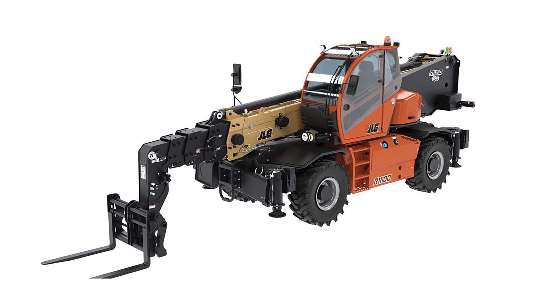 Orange and tan rotating telehandler and crane. Image by JLG Industries.