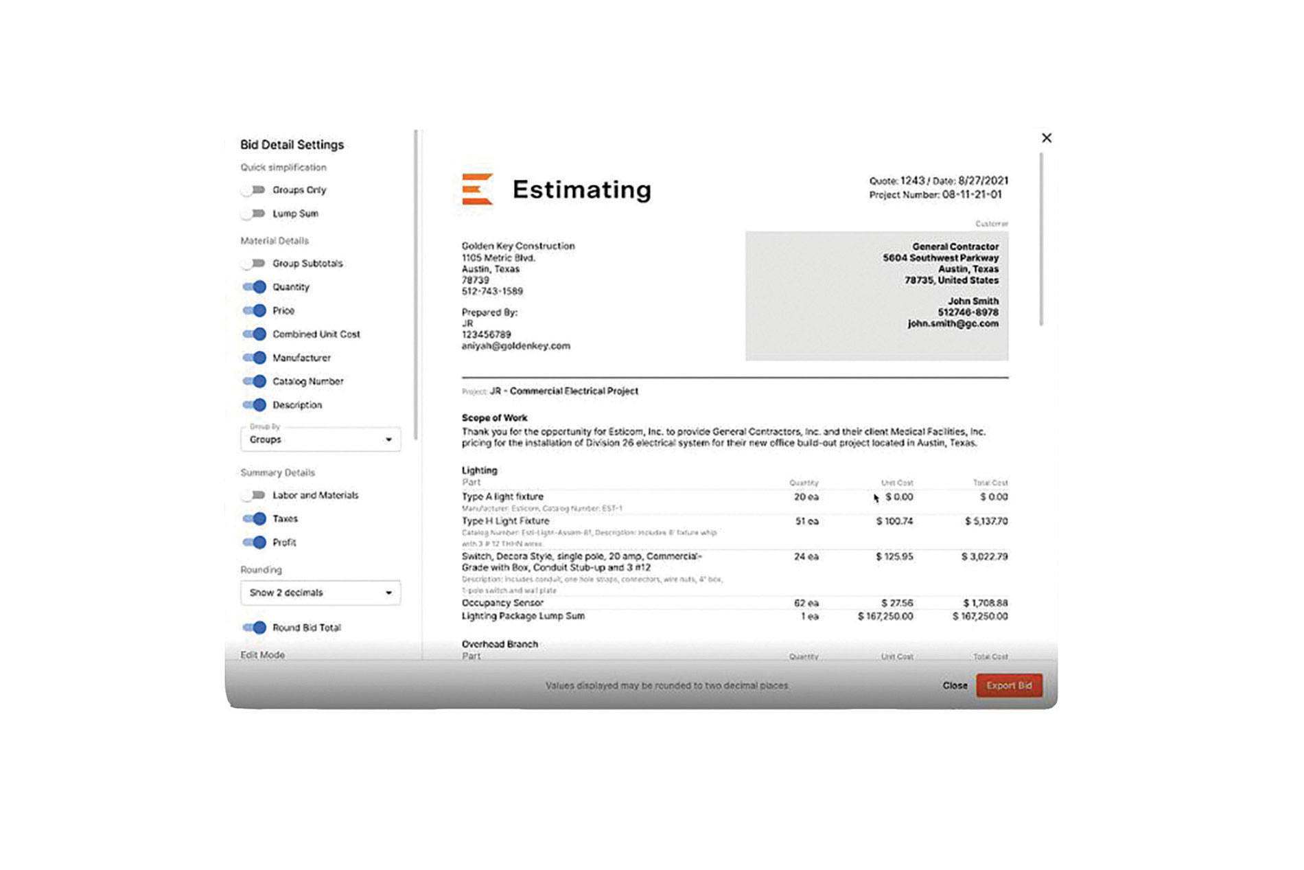 Estimating software screenshot. Image by Procore.