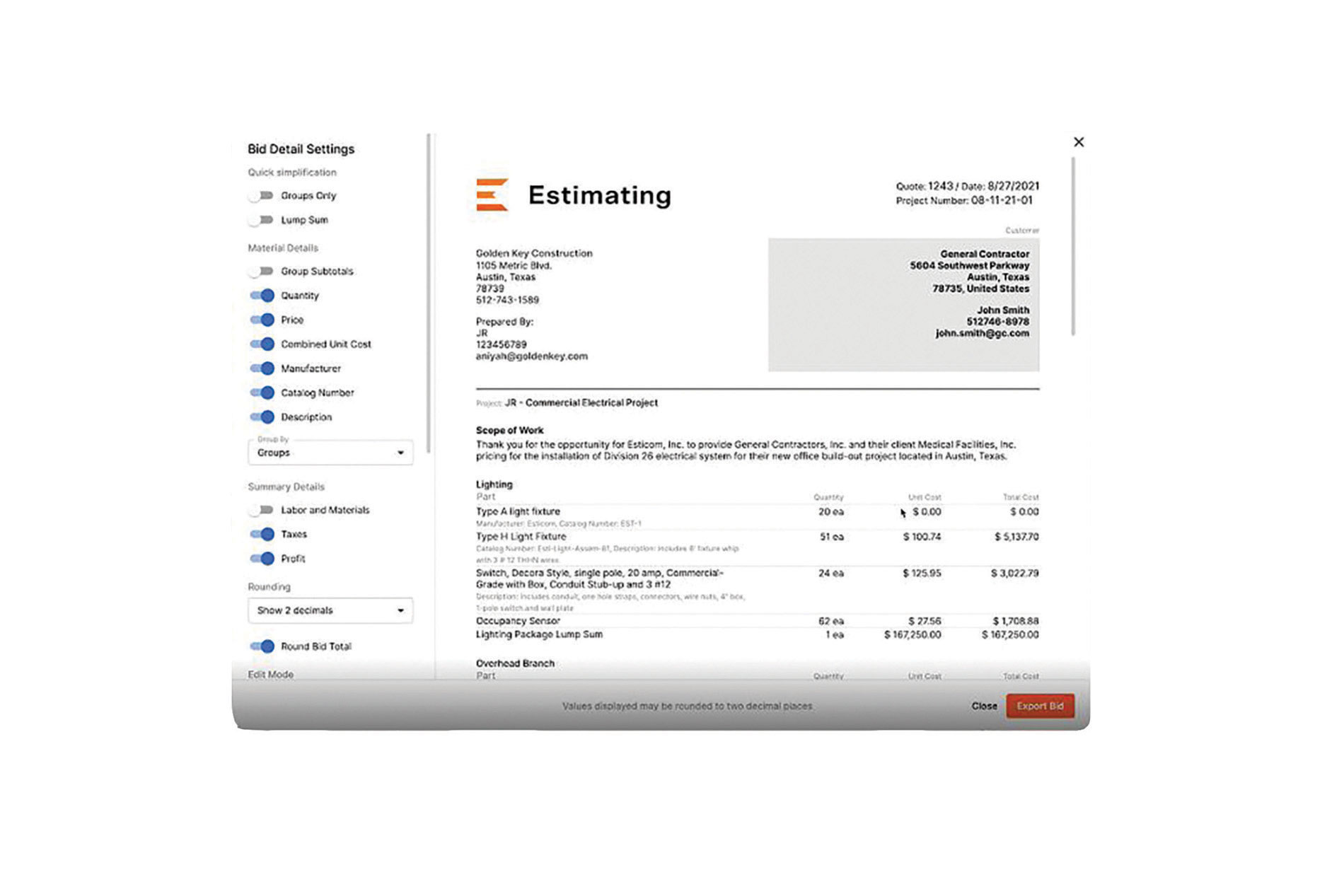 0522_New_Procore Estimating software screenshot. Image by Procore.