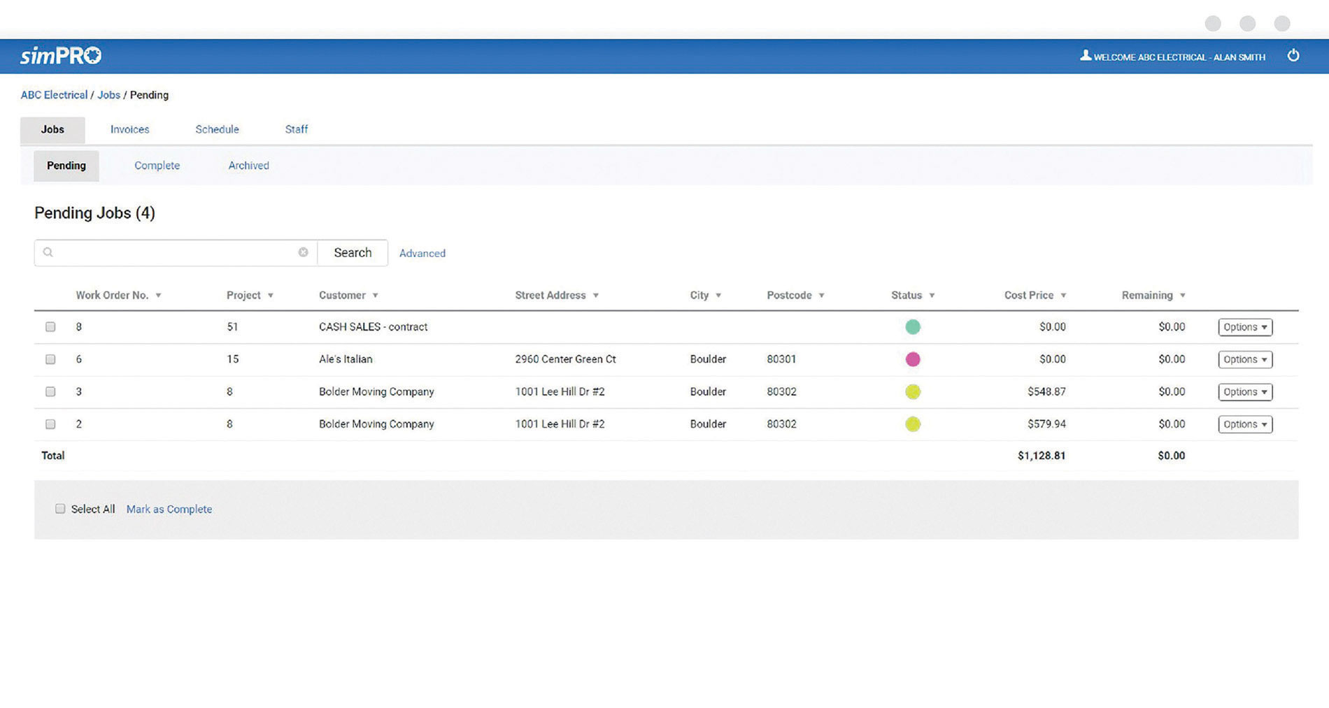 0522_New_simpro Software screenshot showing jobs, addresses, and prices. Image by simPRO.