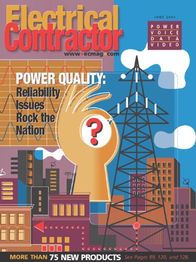 Electrical Contractor cover reading Power Quality: Reliability Issues Rock the Nation with an illustration of a hand holding a question mark over a city.