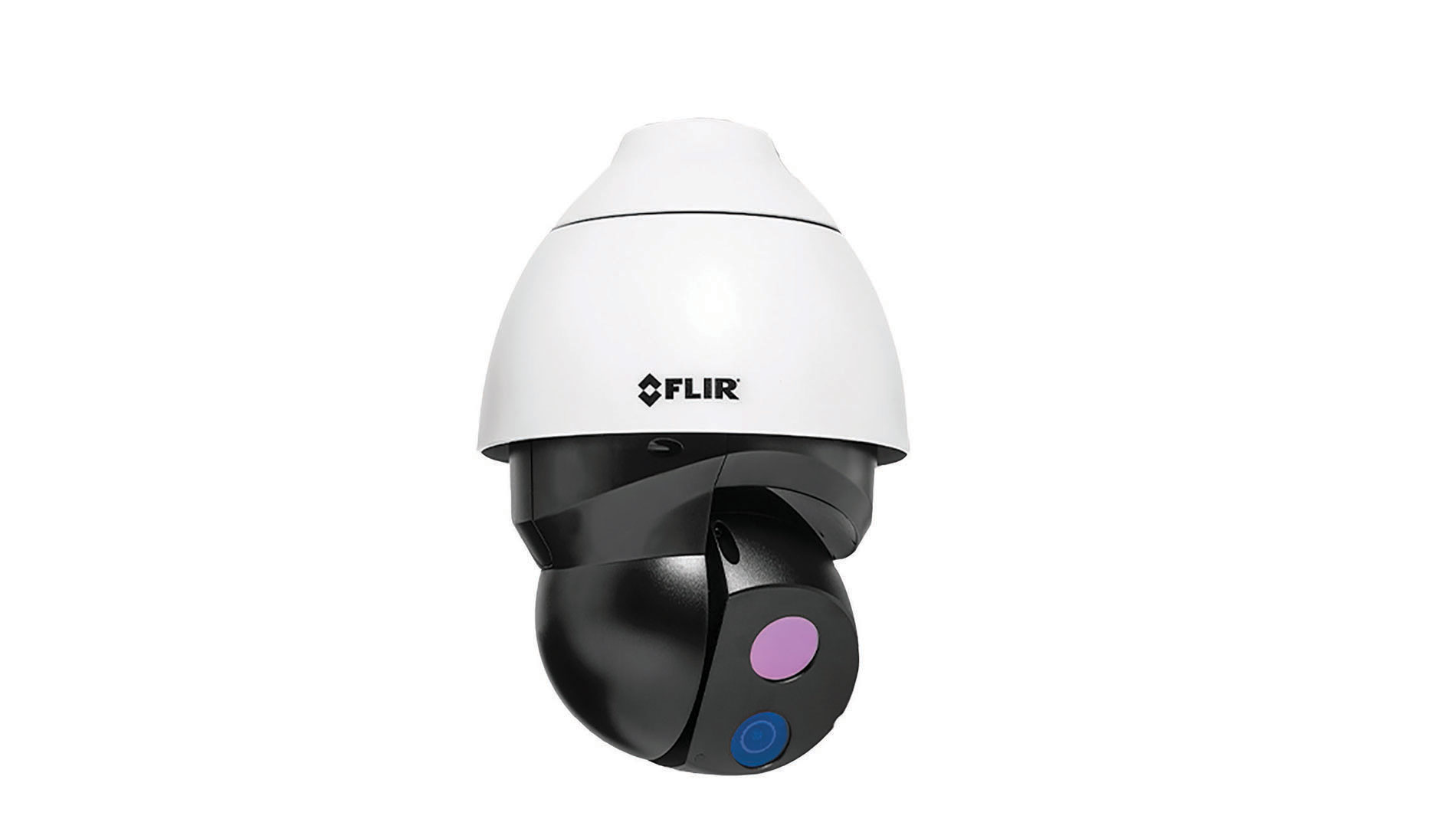 Black and white camera with blue and purple lenses. Image by Flir.