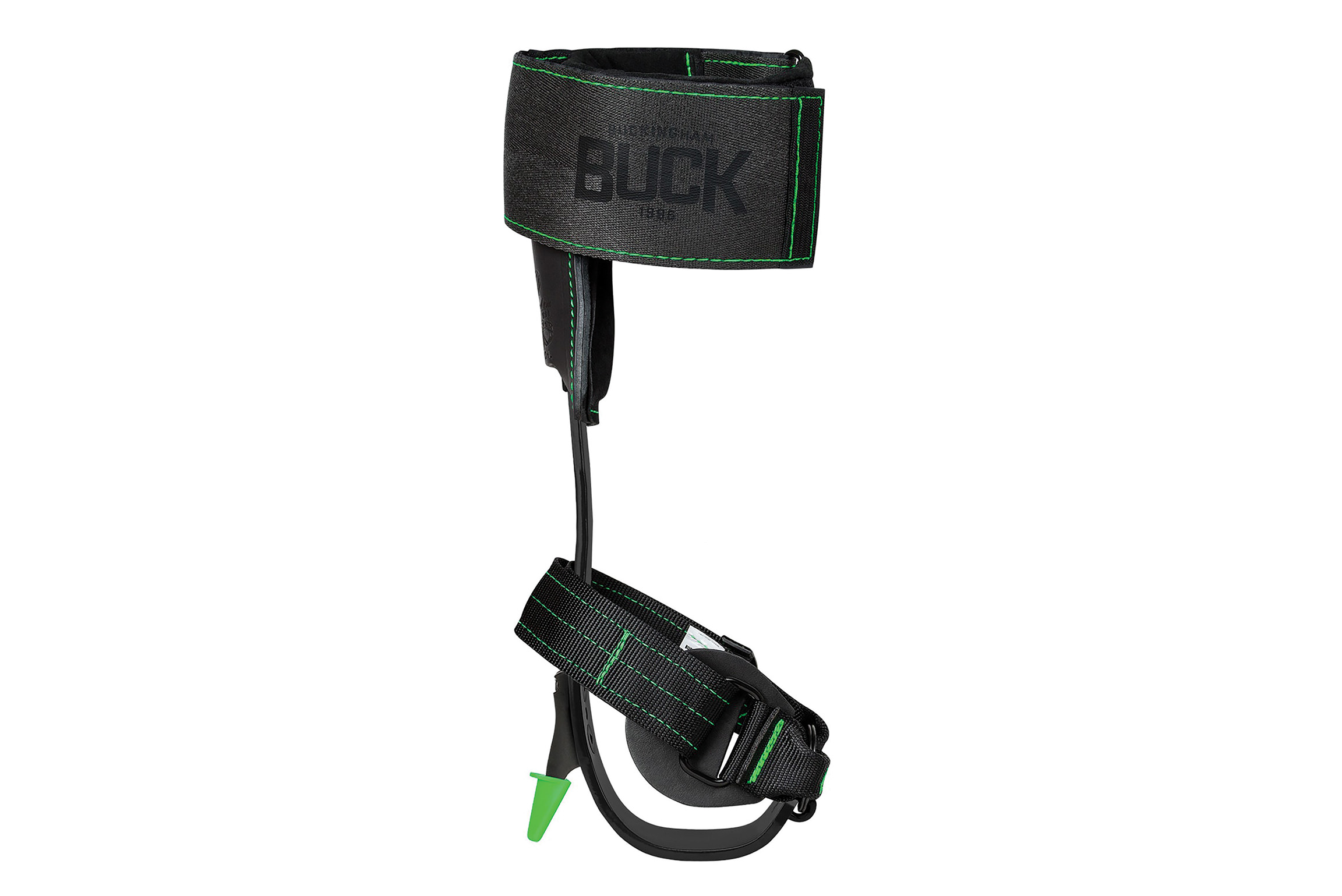 Black climbing stirrup and wrap pad with green accents. Image by Buckingham Manufacturing.