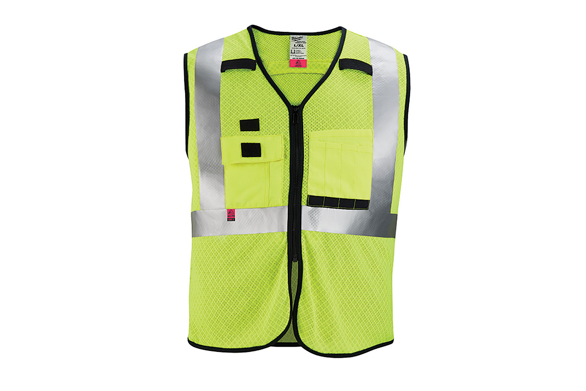 Neon yellow vest with gray stripes. Image by Milwaukee Tool Corp.